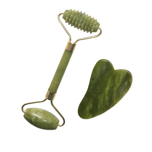Duo Masaje facial Rodillo y gua sha Jade Planeta Verd